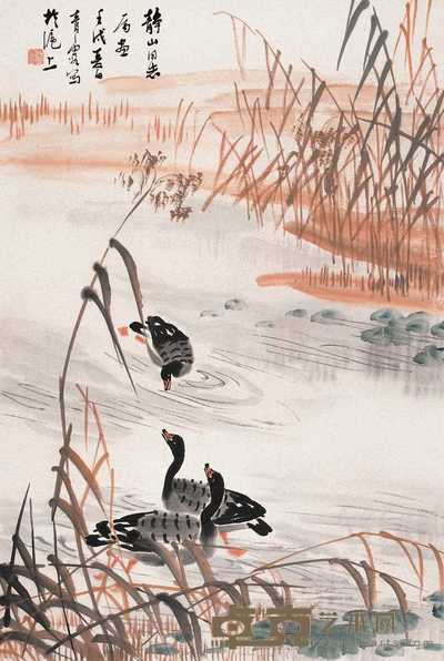 吴青霞 壬戌（1982年）作 芦塘雁戏图 轴 68×46cm